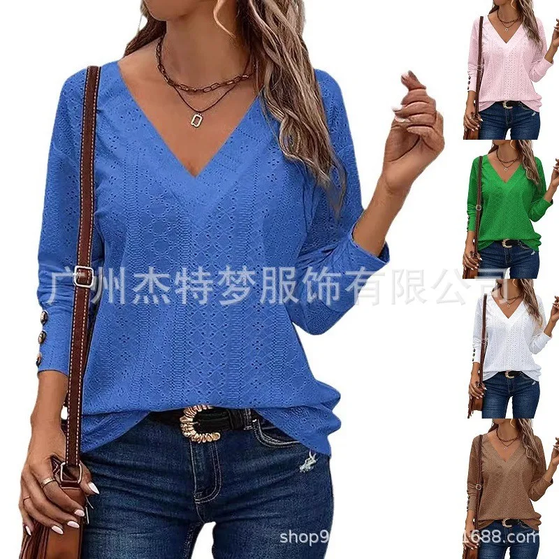 

Women' Shirt V Neck Loose Fit Women Longsleeve Blue T Shirts Drop Shoulder Button Solid Pink Long Sleeve T Shirt