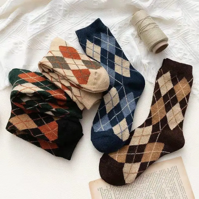 5Pairs Mens Happy Colorful Striped Socks Quality Plaid Diamond Pattern Argyle Geometric Harajuku Combed Cotton Medium Tube Sock