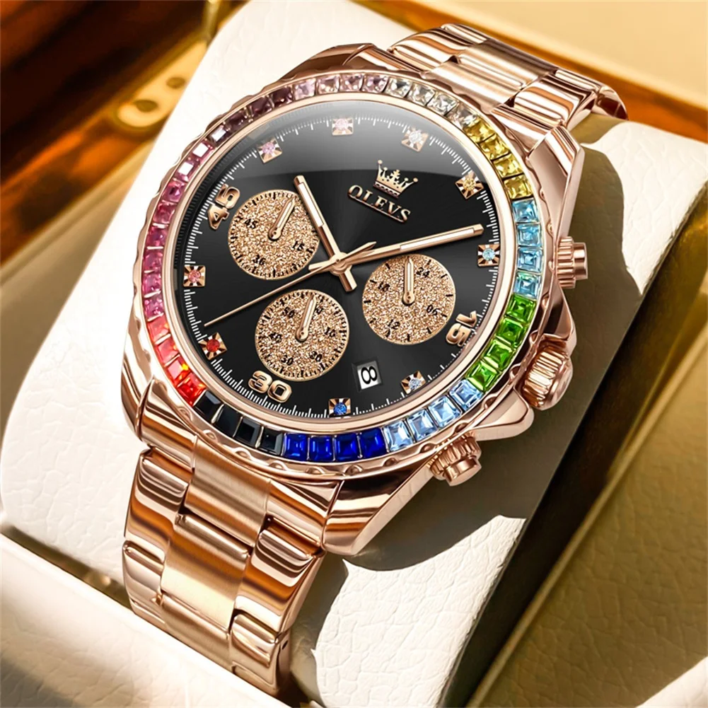 Uhr für Männer OLEVS Regenbogen Edelstein Lünette Business Luxus Top Marke Quarz Uhren Wasserdichte Sport Uhren reloj hombre 8