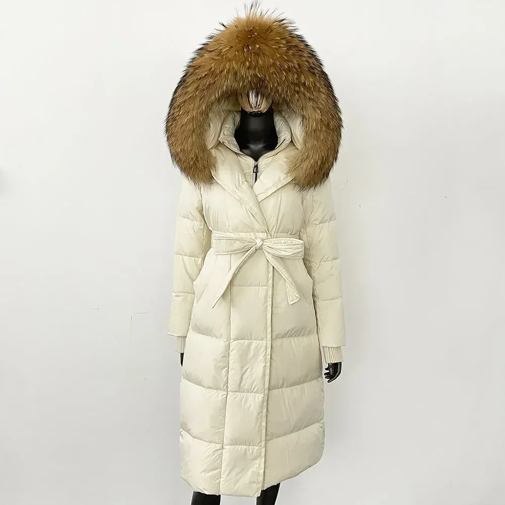 

Down Jacket Women Winter Real Natural Fox Fur Hooded Detachable Collar Belt White Goose Down Coat Long Casual Elegant Overwears