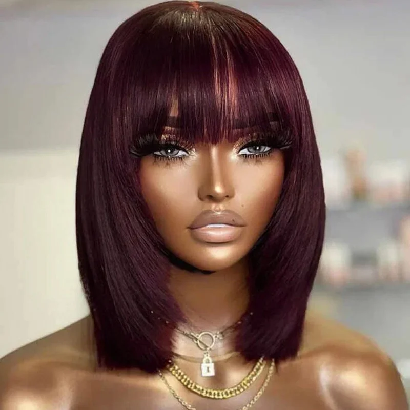 Reddish Purple Burgundy Layered Cut Straight Wig with Bangs 100% Human Hair Wigs