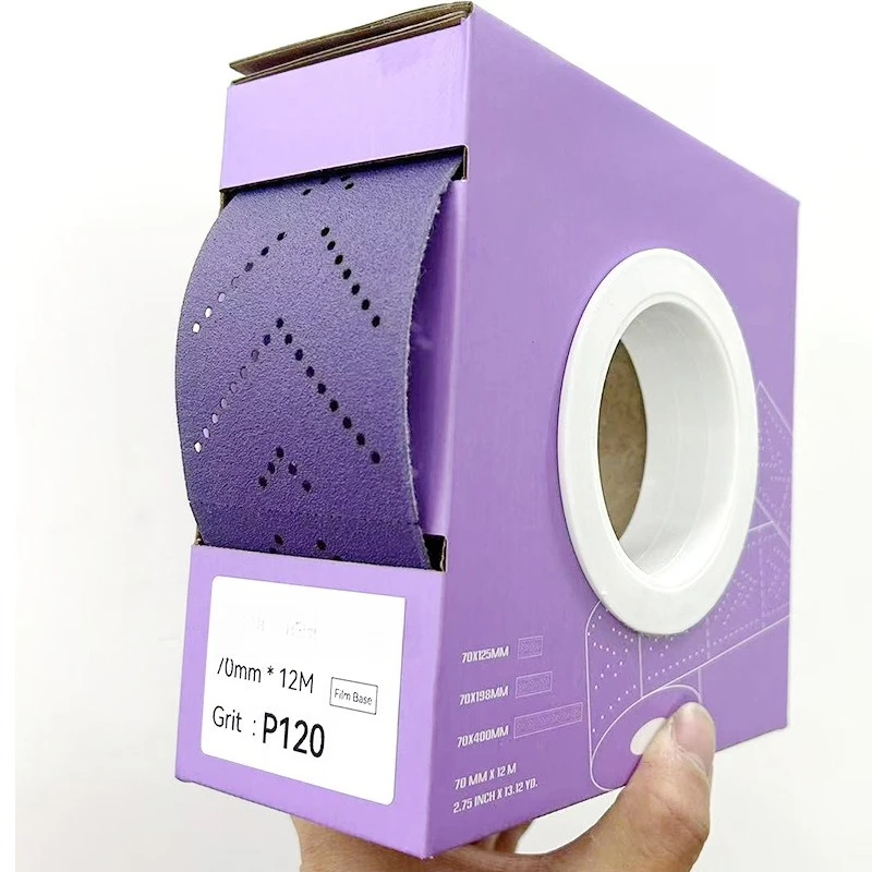 

Thin film substrate purple sand roll, long strip 70mm x 12m, hand torn ceramic purple whirlwind porous sandpaper roll