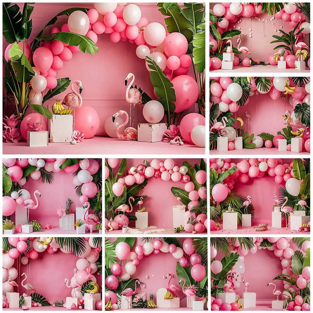 

Mocsicka Photography Background Pink Wall and Floor Arch Balloon Flamingo Palm Leaves Baby Kids Photo Backdrops Photoshoot Props