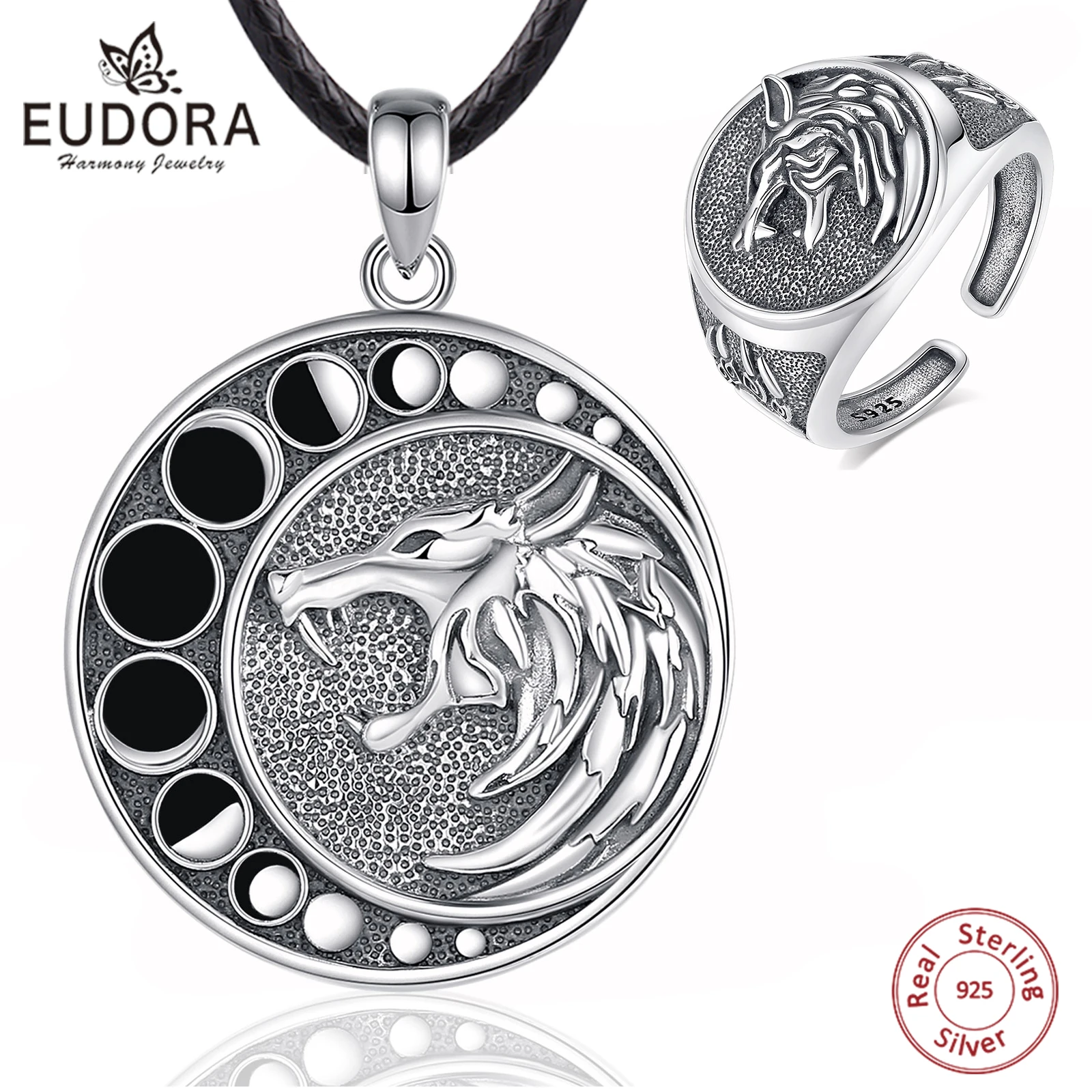 

Eudora 925 Sterling Silver Moon Wolf Adjustable Ring & Necklace Vintage Moon Phase Amulet Pendant Viking Jewelry Men Women Gift