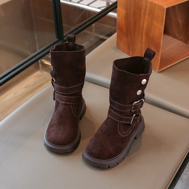 Herbstliche, zweiteilige Stiefeletten im Vintage-Stil für Mädchen, mit Metallschnallen für besseren Halt und dicken Gummisohlen sowie einem Stiefel im Ritterstil. – Detail 8
