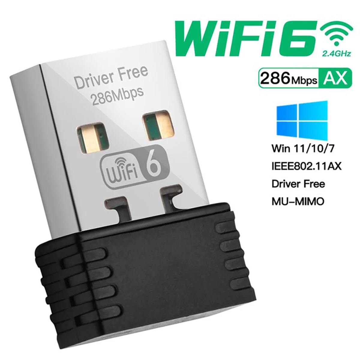 Adaptador sem fio WiFi para computador, Mini Receptor, Placa de rede USB para Windows 7, 10, 11, AX286, 802.11AX, 2.4GHz, Free Driver