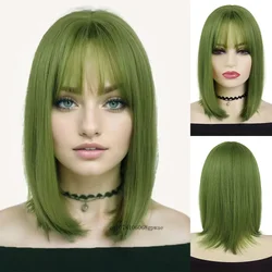 Green Halloween Cosplay Wig Synthetic Natural Soft Short Bob Wigs with Bangs for Women Lady Masquerade Party Heat Resistant