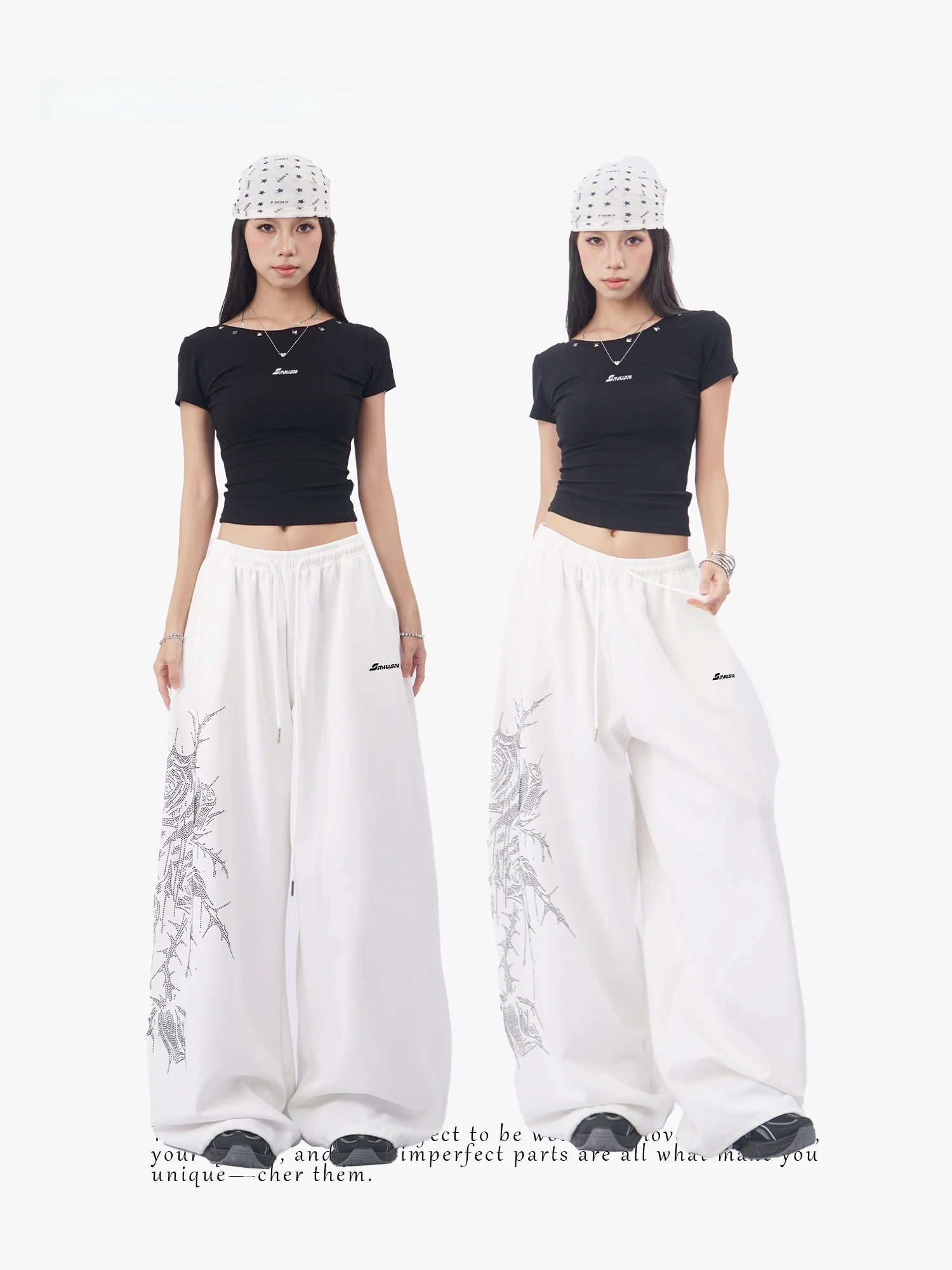 High Waist Drawstring Wide Leg Sweatpants White Rose Pattern Casual Pants Cotton Blend Sparkling Rhinestones Comfortable Fit