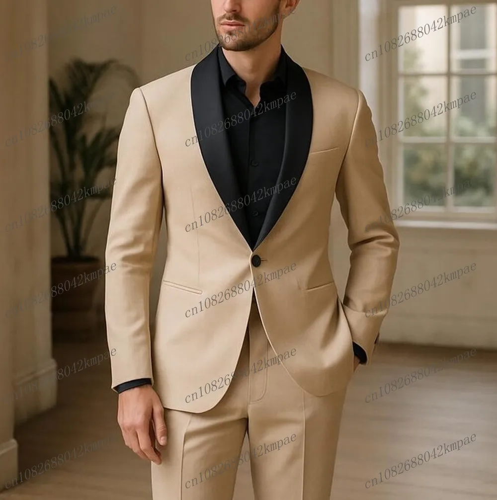

New Black Collar And Beige Men Formal Tuxedos Groom Groomsman Wedding Party Prom Male Business Suit 2 Piece Set Blazer Pants