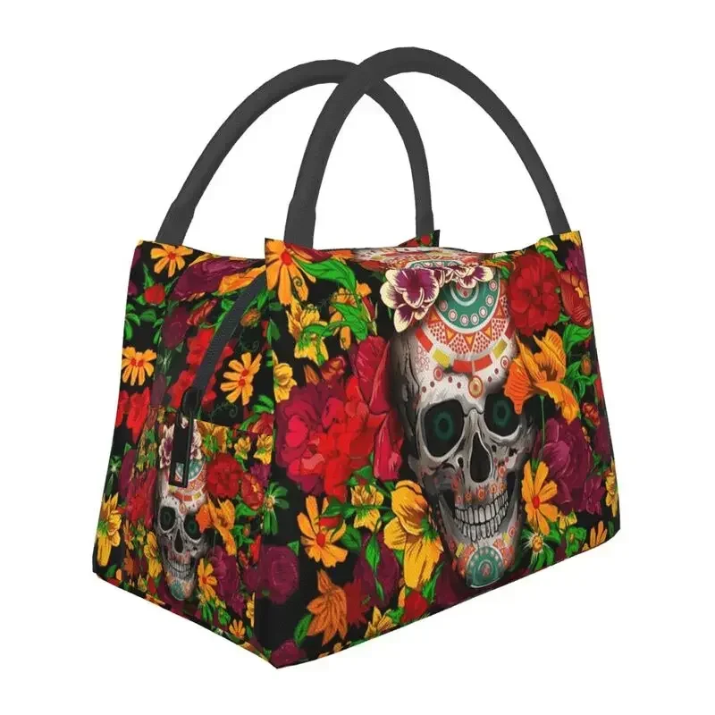 

Day Of The Dead Sugar Skull With Flower Insulated Lunch Bags for Women Mexican Floral Thermal Cooler Bento Box Hospital Office