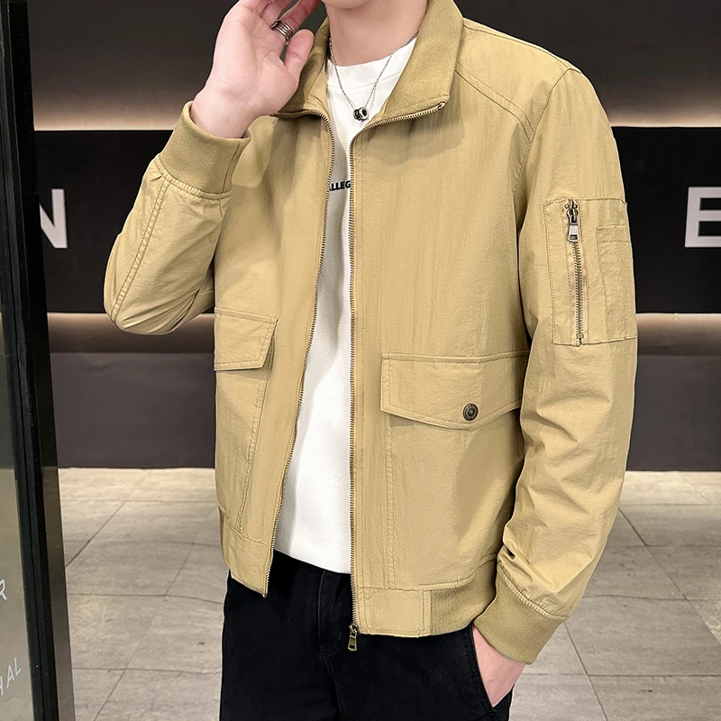 

Spring New Arrivals Jackets for Men Casual Large Pockets Outerwear Solid Color Stand Collar Male Clothing Comfortable All-match