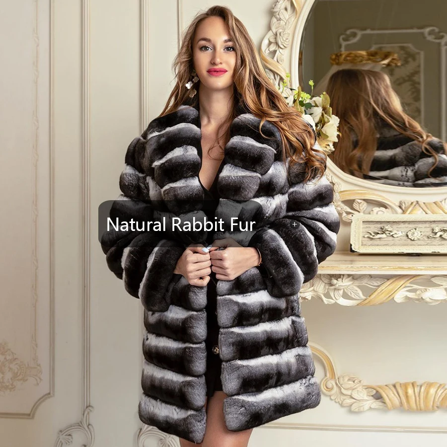 Winter Rabbit Fur Coats For Womens 2024 Fashion Luxury Chinchilla Rex Rabbit Fur Jackets With Turndown Collar