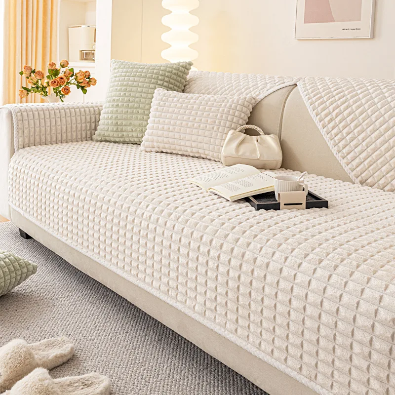 Simple Solid Quilted Plaid Sofa Cover Plush Warm Couch Cushion for Autumn and Winter Comfort Armless Non Slip Recliner Cover