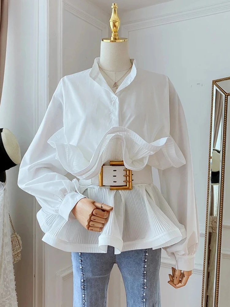 

Patchwork Ruffle Ruched Shirt For Women Stand Collar Lantern Sleeve Sashes Casual Blouse Female Fashion Tide New