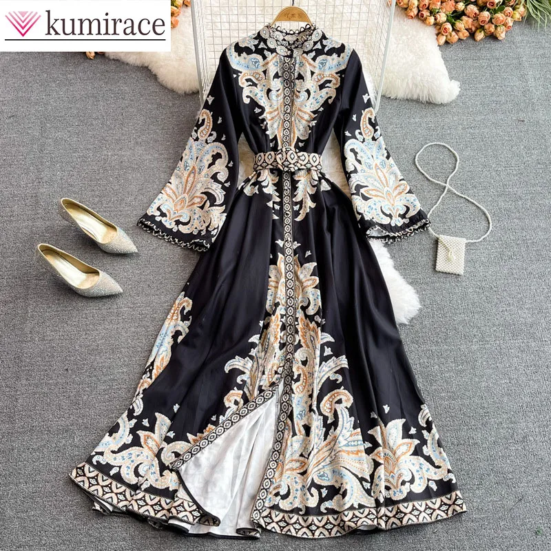 

Spring and Autumn New Vintage Printed Long Sleeve Waist Swing Long Skirt Fashion Single Breasted Stand Up Collar Dress