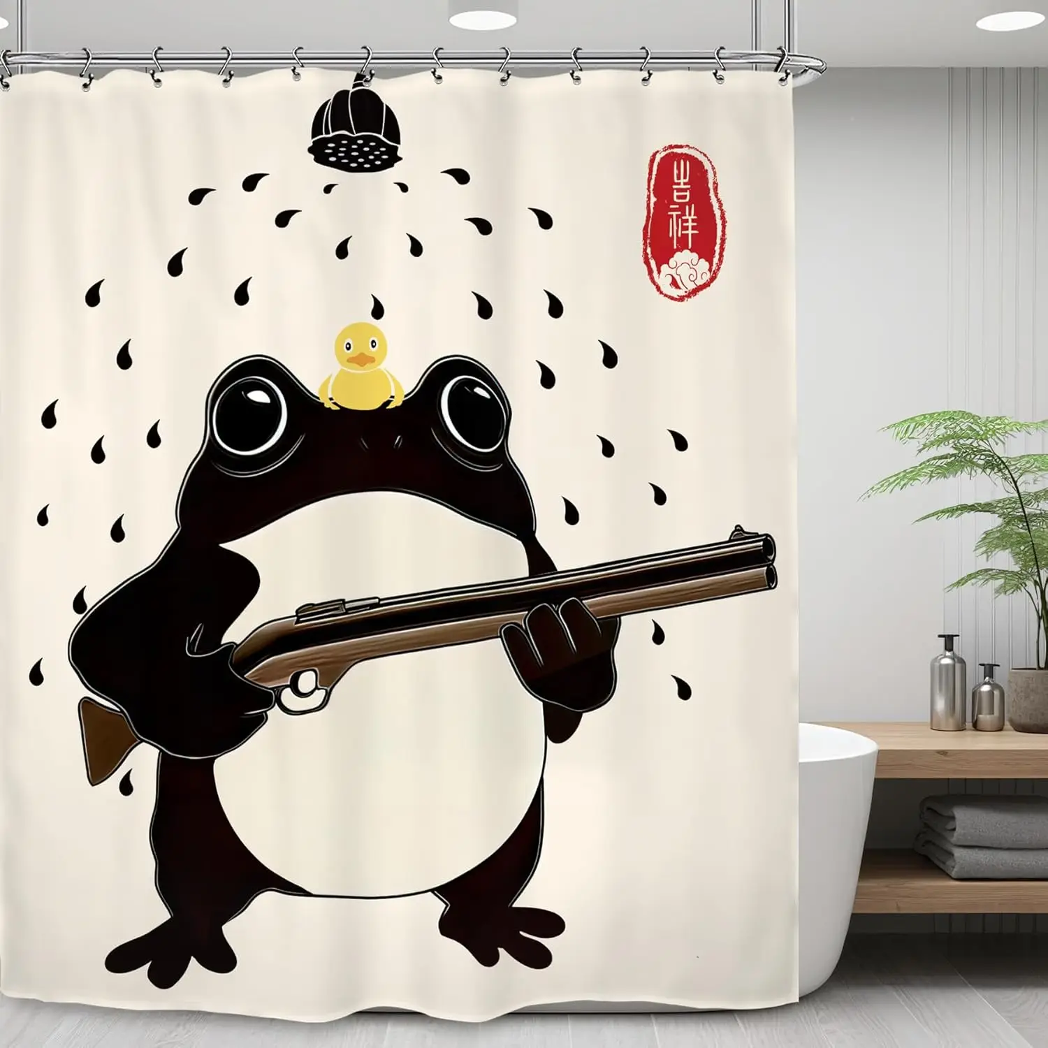 Gun Holding Frog Shower Curtain Funny Cartoon Animal Bathroom Decor Humorous Quote Bath Curtain for Home Decoration