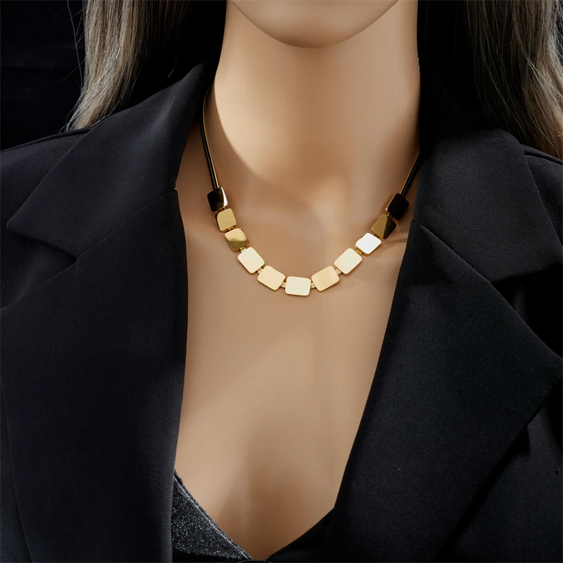 DIEYURO 316L Stainless Steel Geometric Square Pendant Necklace For Women Fashion Girls Gold Color Flat Snake Chain Jewelry Gifts