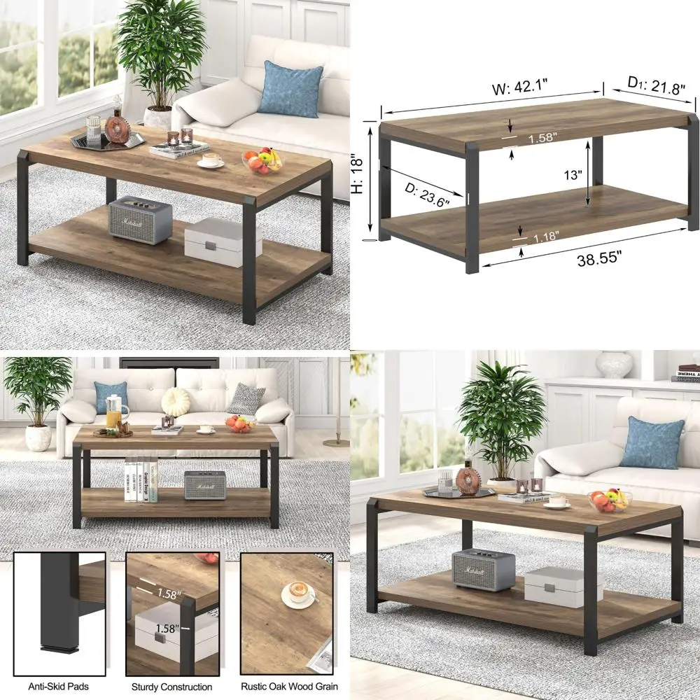 

Rustic Industrial Style Coffee Table, Rectangular Wood and Metal Centerpiece for Living Room, Modern Cocktail Table with Storage