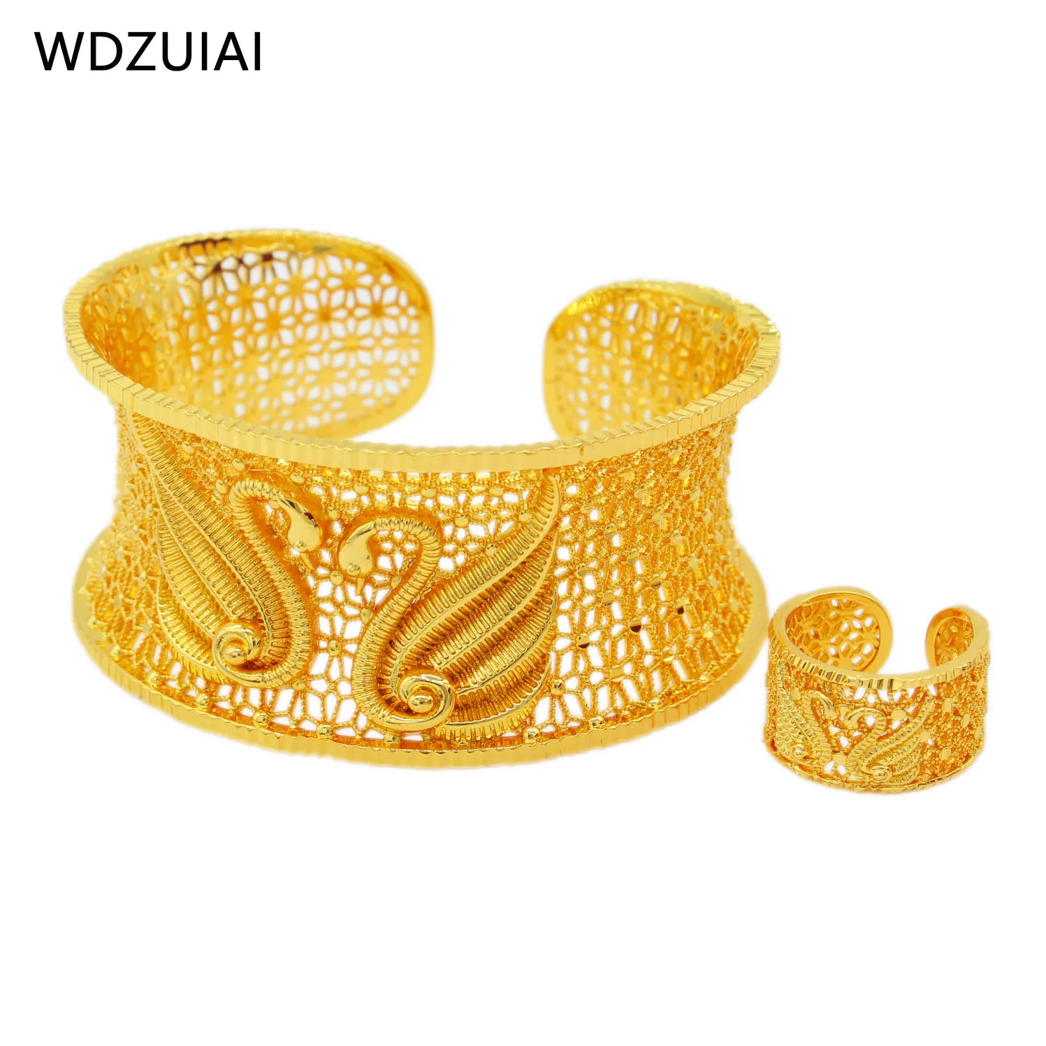 WDZUIAI Top Quality Swan Bangle Amercian Women Bridal Wedding Gold Color/Copper Cuff Bracelet&Ring Set African Party Jewelry