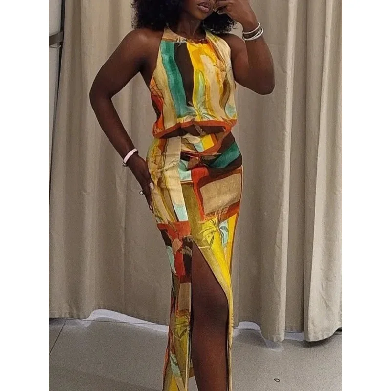 

Women's Retro Halter Neck Printed Dress Summer 2025 Casual Long Slit Backless Fashion Beach Holiday Lady Dress