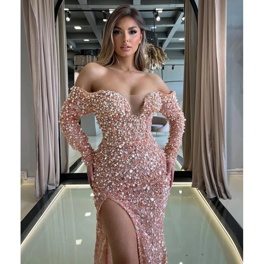 Pink Sparkly Evening Dress For Women Sequined Off The Shoulder Detachable Train Split Long Sleeve Sexy فساتين طويلة