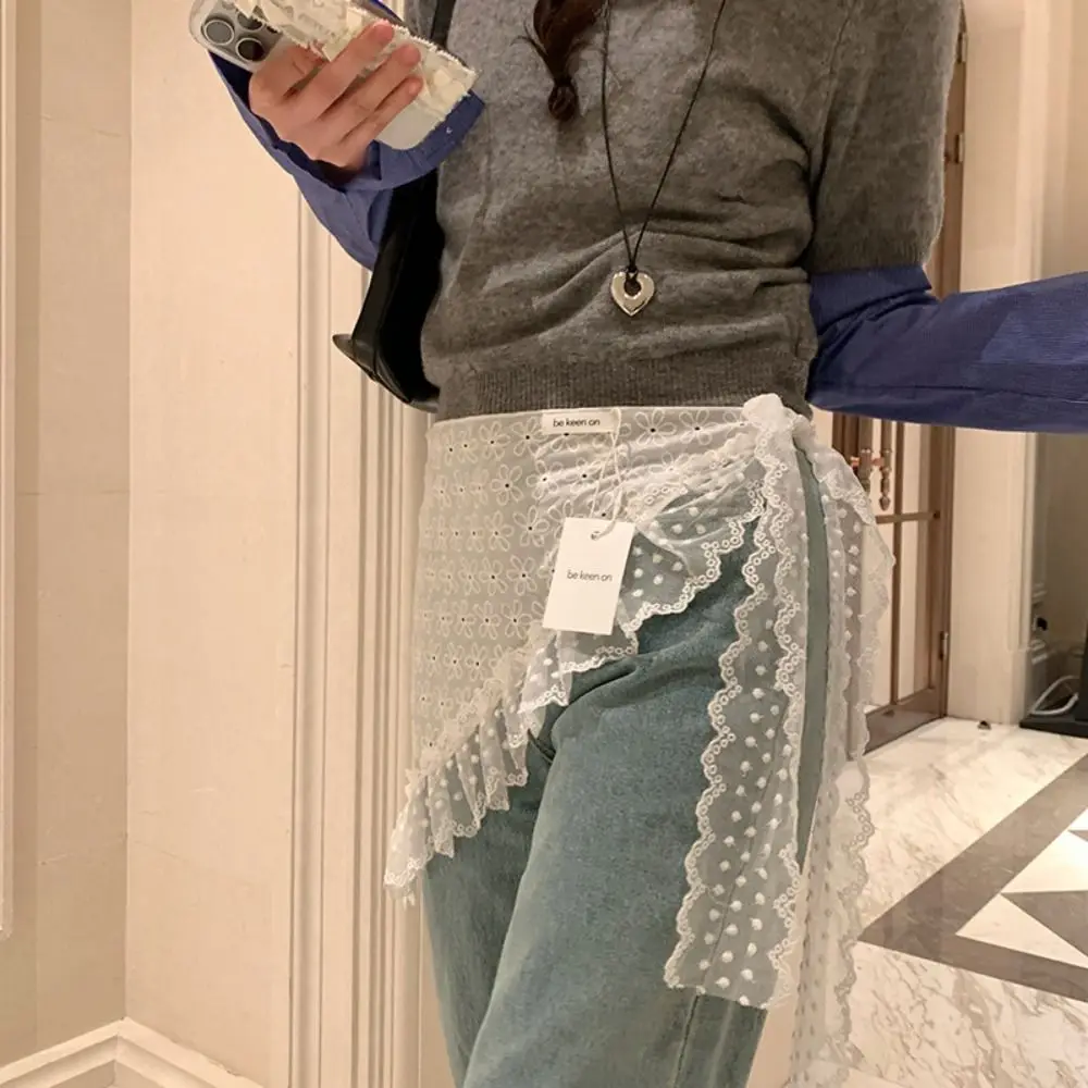 Rok Mini Renda Manis Y2K Rok Kasa Pinggang Tinggi Gaya Korea Rok Tepi Ruffle Bunga Bertali Wanita