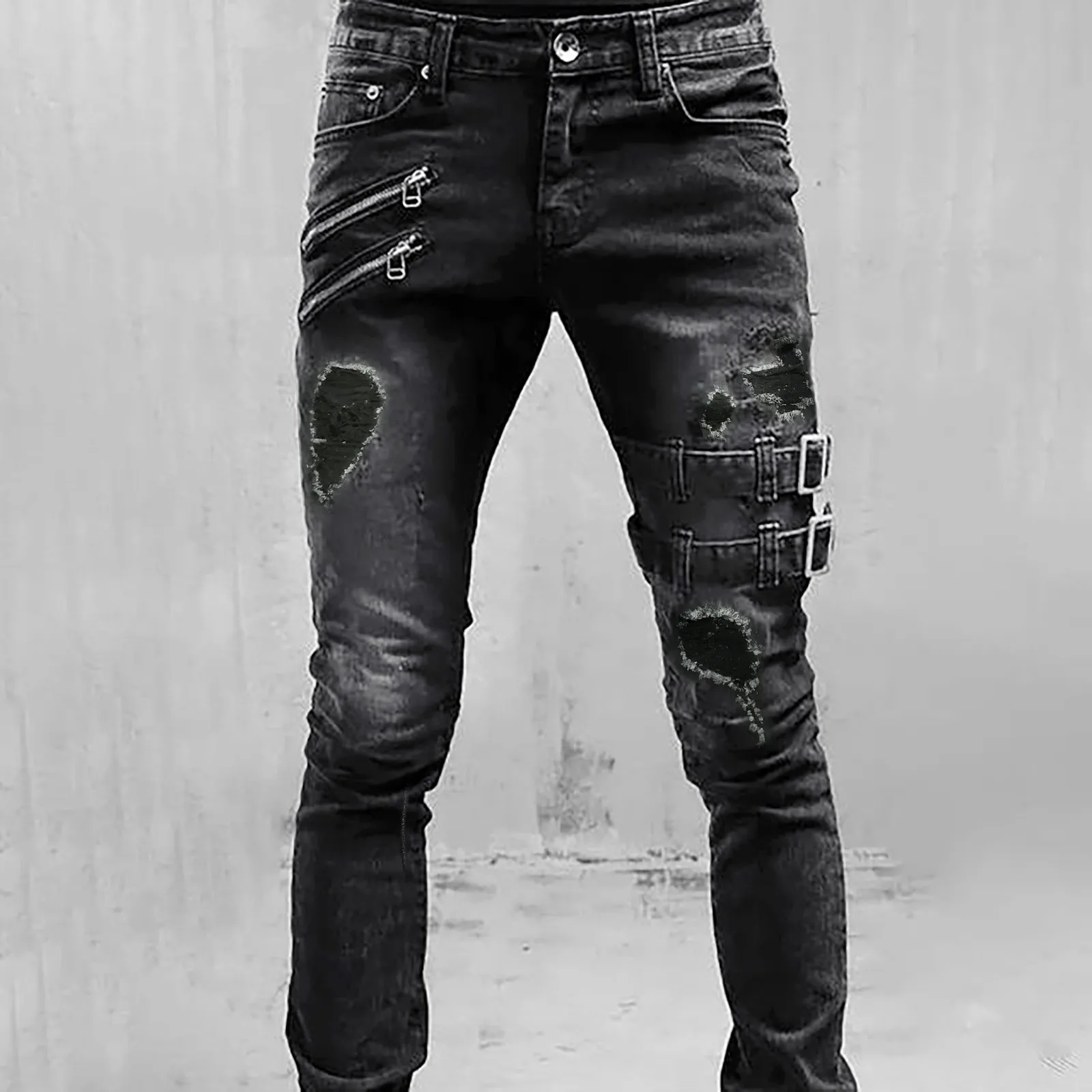 

Zipper Decoration Slim Fit Biker Jeans Plus Size Straight Jeans Streetwear Skinny Zips 2 Colors Cacual Long Denim Trousers