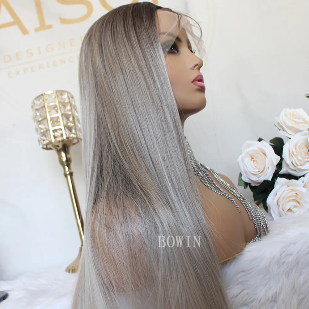 Ombre cinza colorido em linha reta peruca dianteira do laço sintético transparente pré arrancado com o cabelo do bebê peruca frontal longa para o uso diário feminino