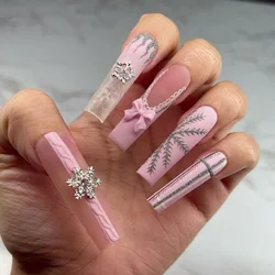 24pcs 3D Snowflake Design Long Fake Nails Matte Pink French Press on Nails for Girls Full Cover Wearable Christmas False Nails