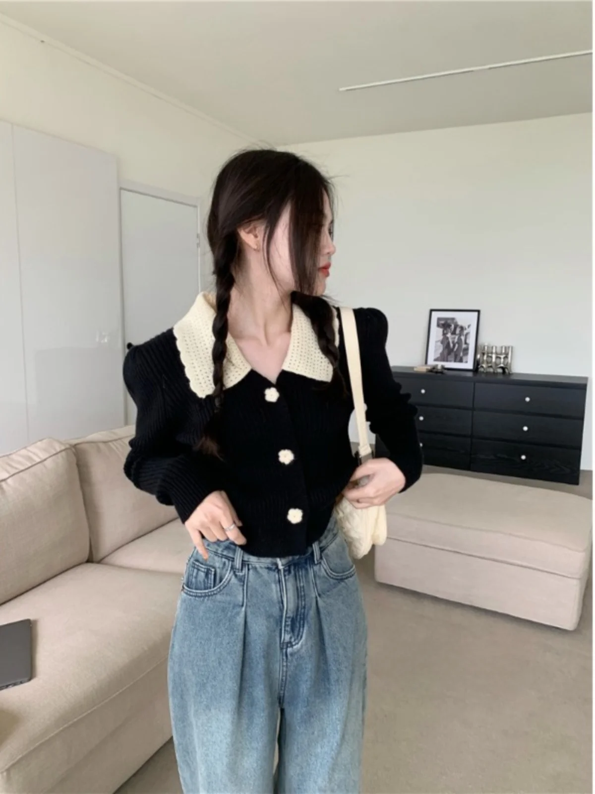 

Korean Sle ort Knitted Sweater Women's Winter Vintage Lazy Sweet Doll Collar Cardigan Coat Soft Material Commute Friendly