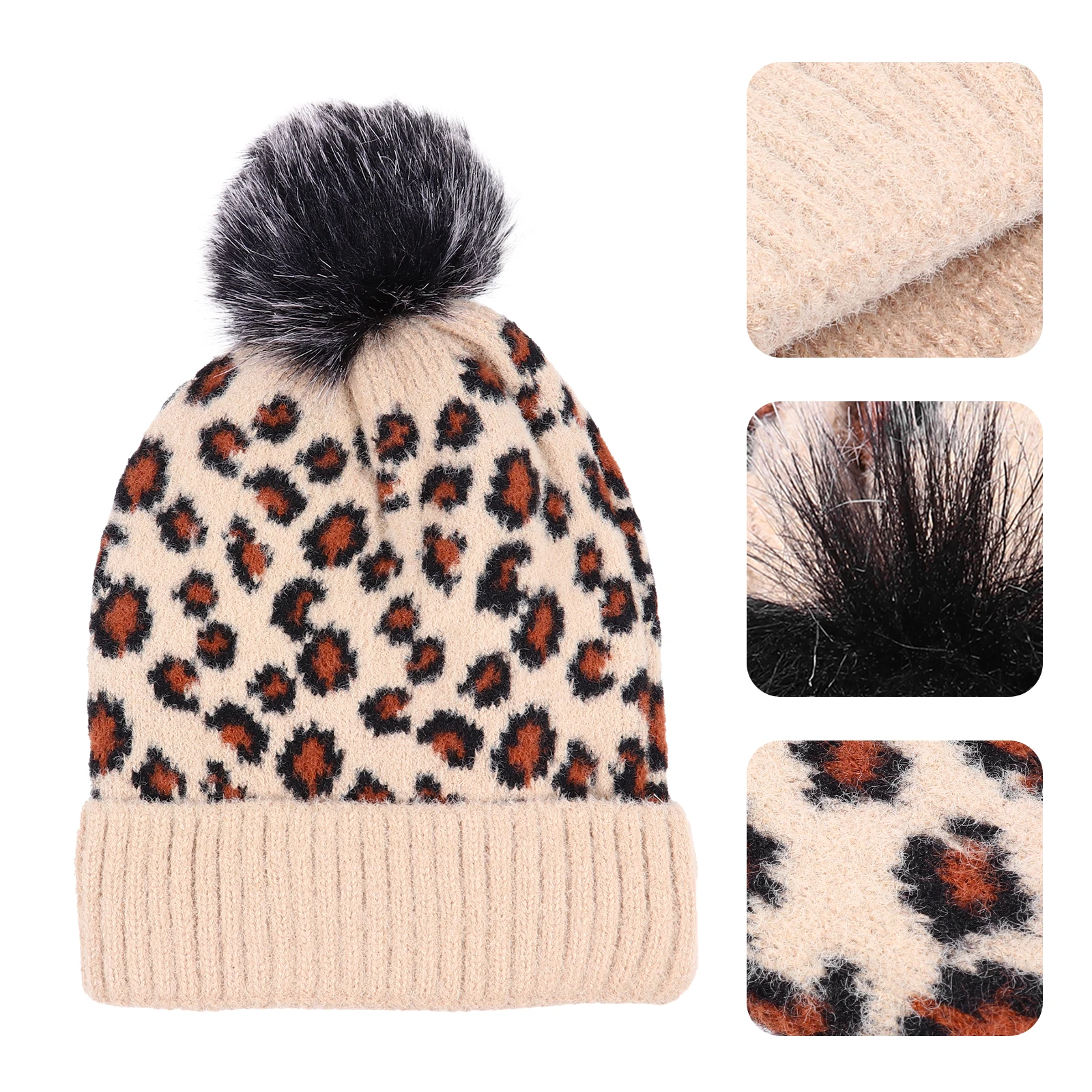 

Leopard Print Knitted Hat Pom Winter Warm Beanie Soft Stretchy Lightweight Woolen Ear Protection Chic Women'S Winter Hat Warm