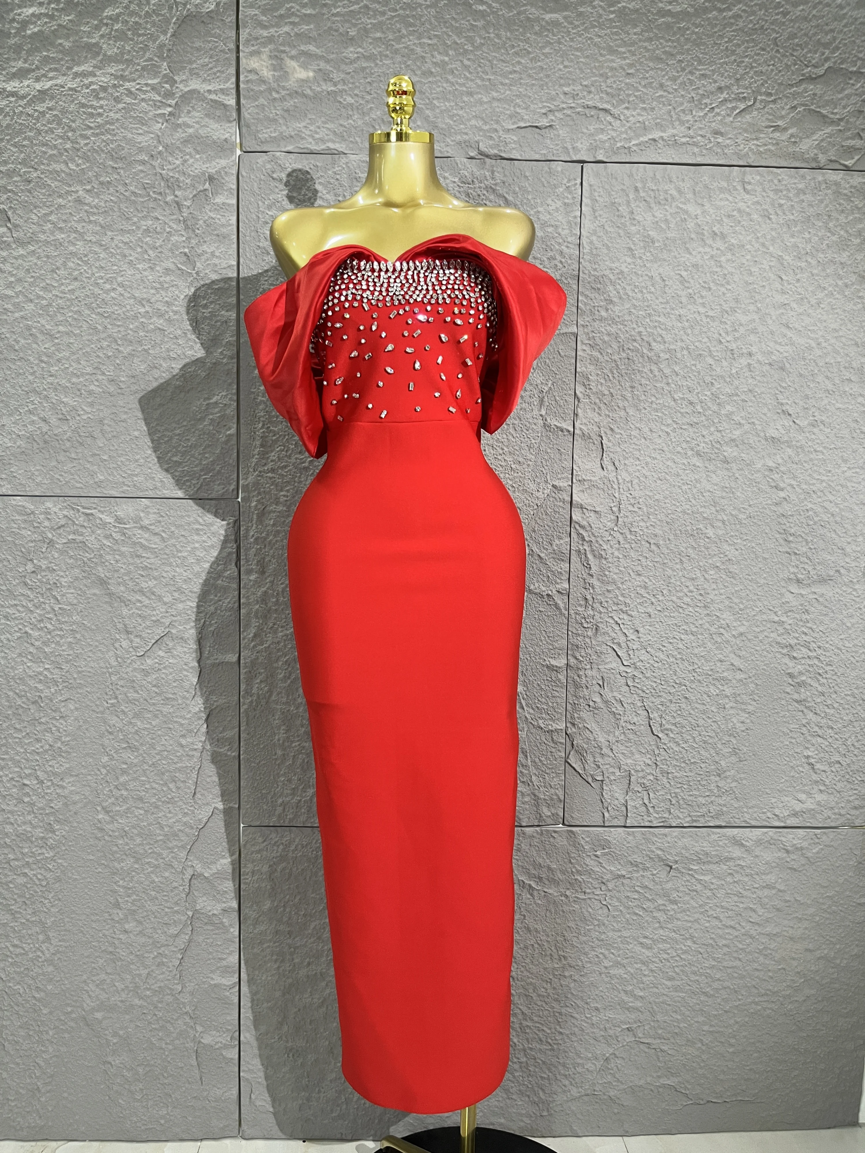 

Red Off - Shoulder Crystal Bodycon Gown,Off - shoulder design, dazzling crystals, hugs curves perfectly.
