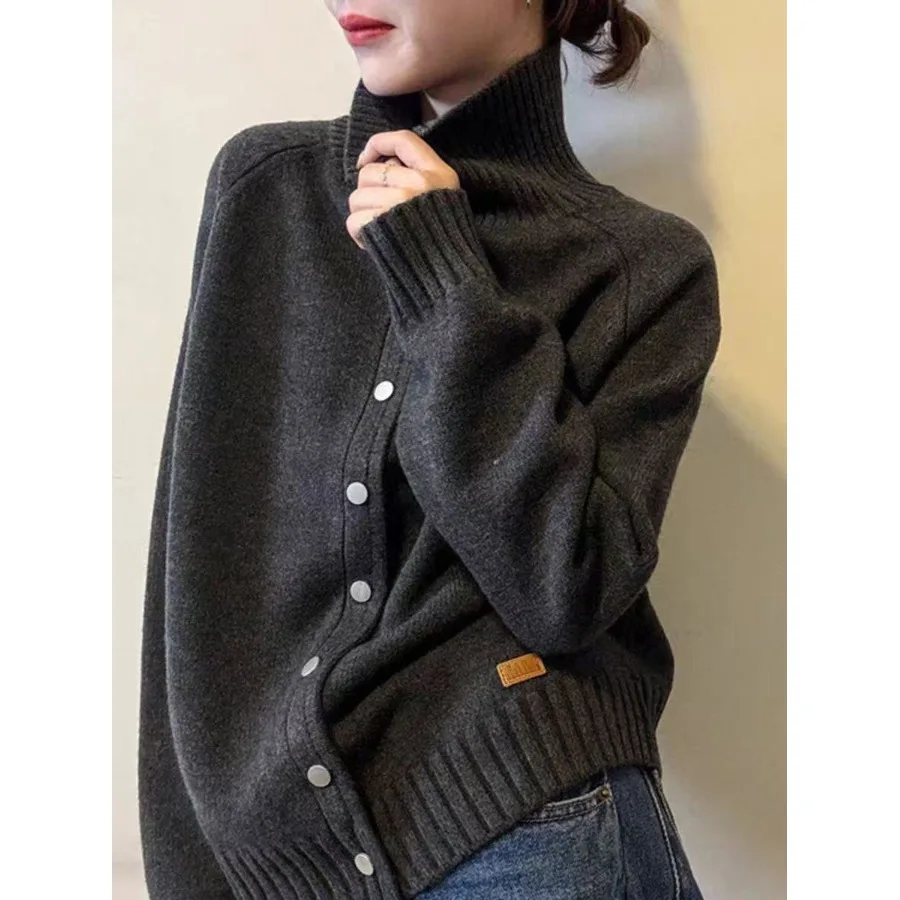 Maglione lavorato a maglia a collo alto Sli Jaet da donna Bellissimo design con bottoni Colore puro Versatile entrata per i pendolari autunnali