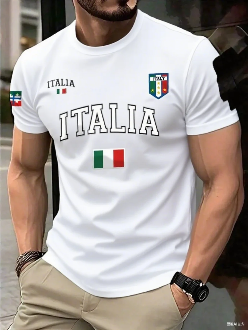 

Хлопковая футболка с Италией - тематические принты, флаг и значок с надписью Италии, стильная повседневная одежда для любителей итальянского стиля