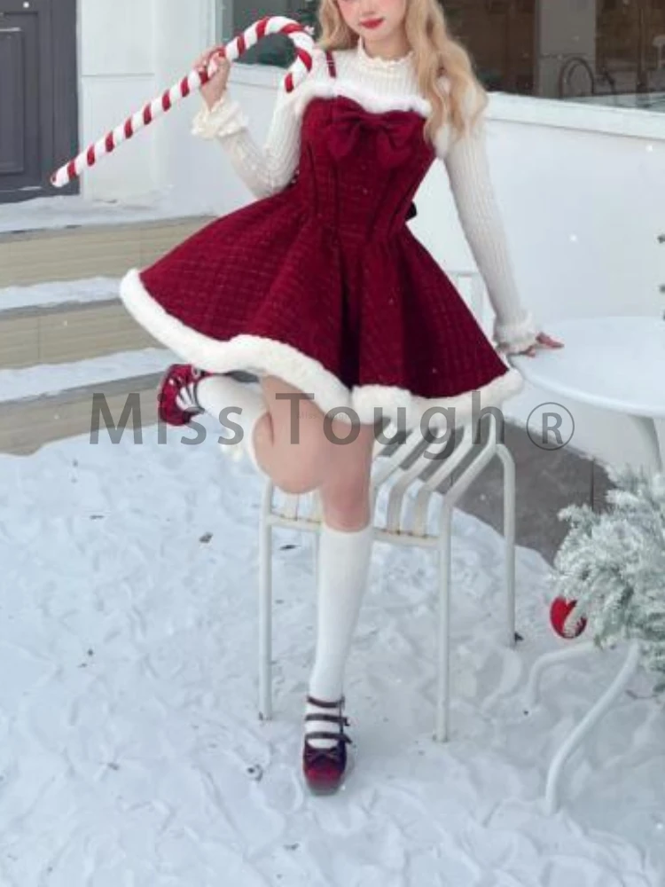 Winter Lolita Sweet Red Retro 3 Piece Set Women Kawaii Cloak + Slim Top + Chic Bow Dress New Warm Harajuku Vintage Pretty Suit