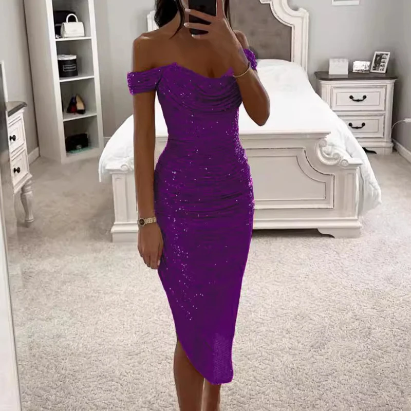 Elegant Solid Winter Banquet Dress Women 2024 One Shoulder Bodycon Party Dress Sexy Asymmetrical Shinny Glitter Folds Long Dress