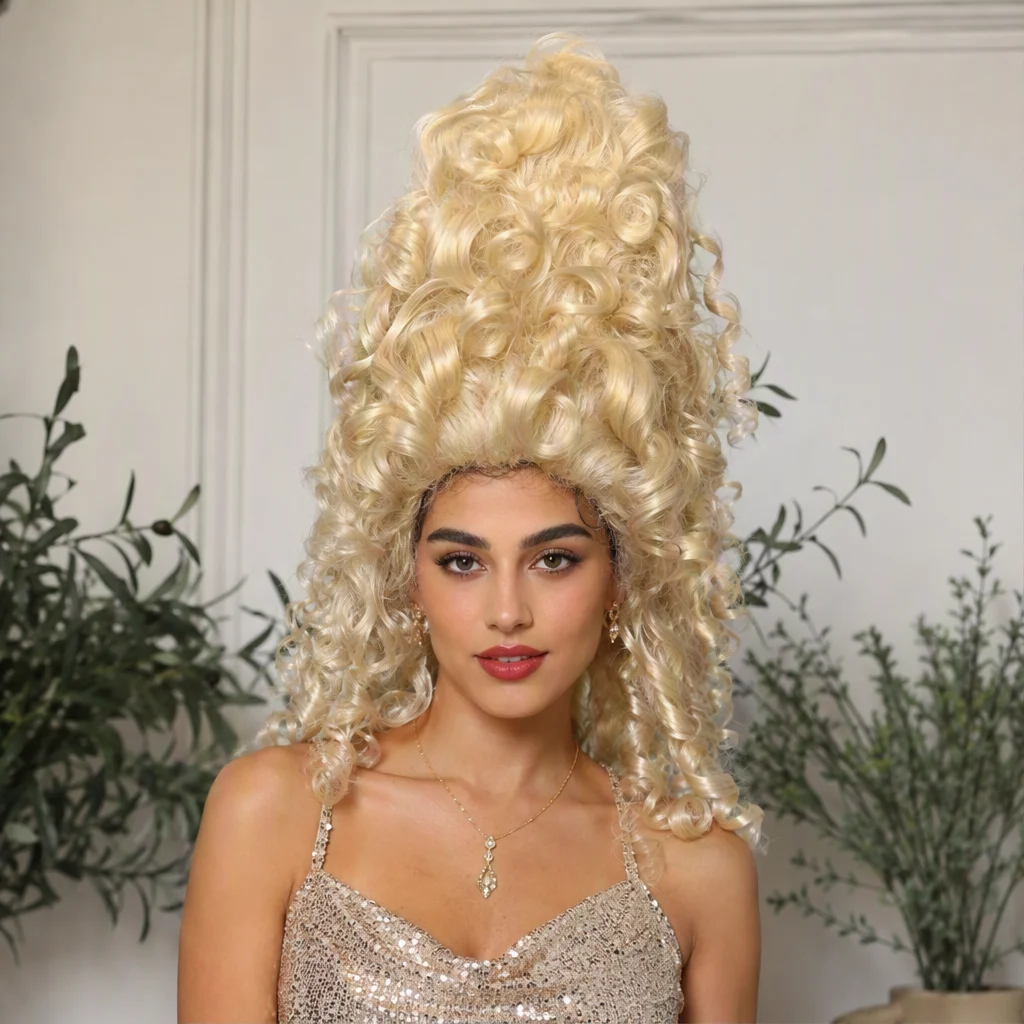 REEWES Blonde Long Curly Wig for Dolly Parton Costume Cosplay Vintage Beehive Wig Baroque Hair Queen Synthetic Wigs 26inch