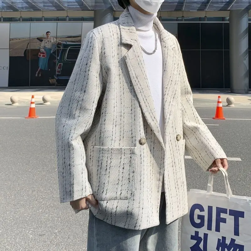 

Juspinice Solid Lazy Style Plaid Blazer for Men Spring Turn-down Collar Long Sleeves Suits Loose Casual Fashionable Jackets
