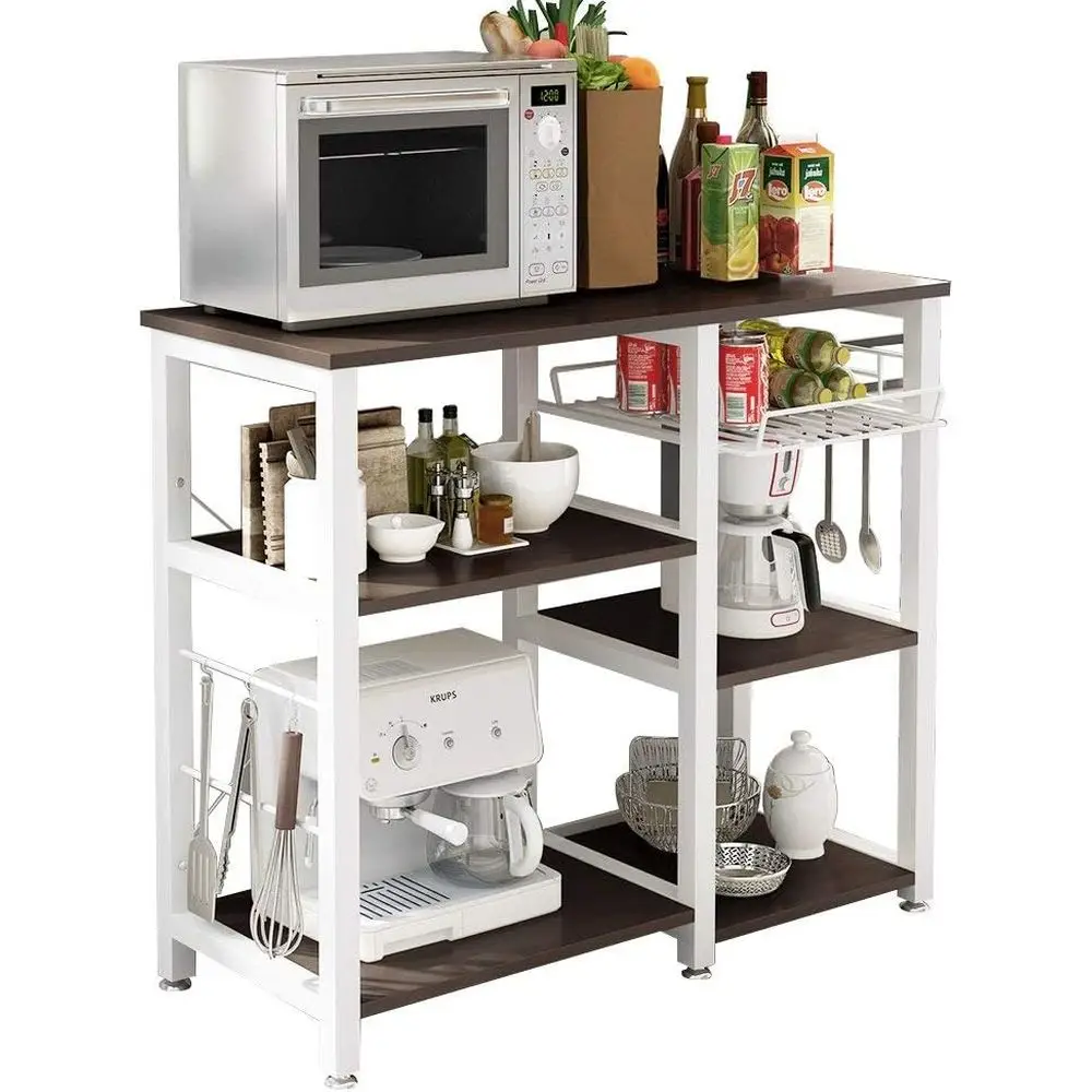 

3-Tier Kitchen Cart with Storage, Black - Microwave Stand and Shelving with Hanging Hooks