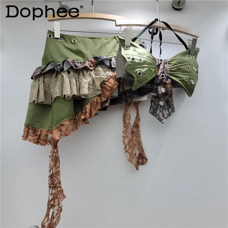 

2025 Spring Summer New American Spice Girl Irregular Ruffle Edge Plaid Skirt Green Bow Tube Top Two Piece Sets Womens Outifits