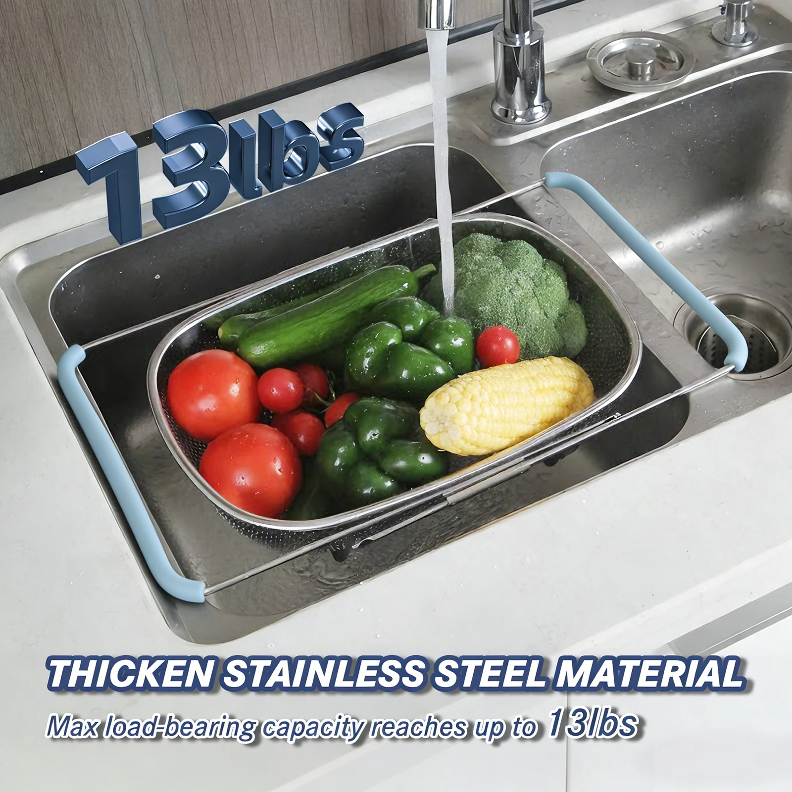 

tastyWay Stainless Steel Retractable Drain Basket Rubber Grip Handles Oval Colander Sink Vegetables Draining Rack Home Storage B