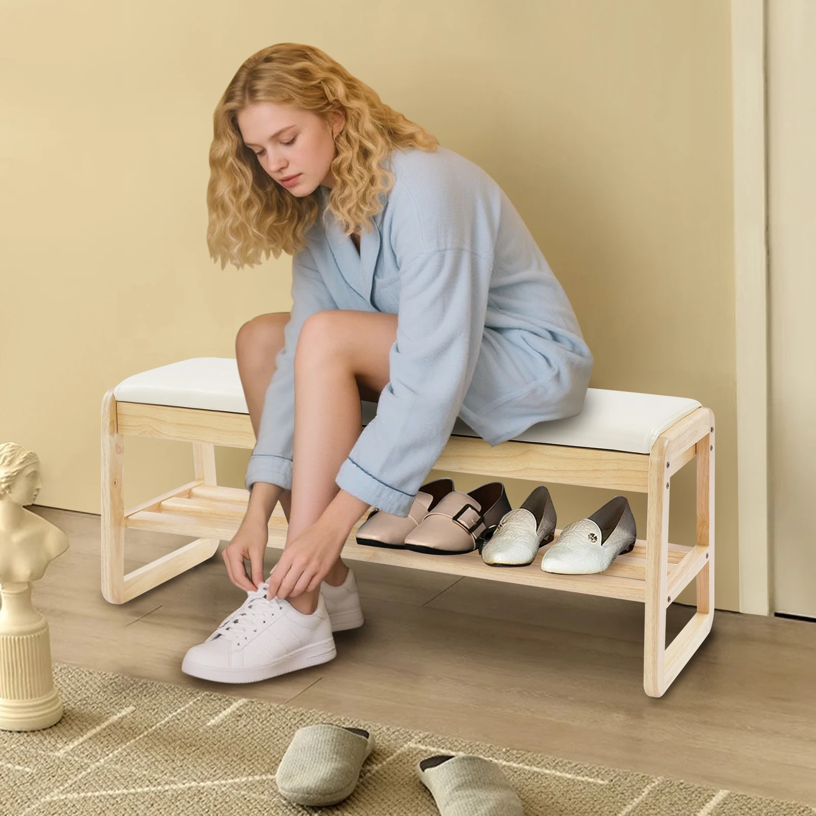 

Скамья с резиновой деревянной полкой для обуви с подушкой, скамья-органайзер для обуви с местом для хранения, скамья для обувной полки для прихожей, цвет дерева и бежевый