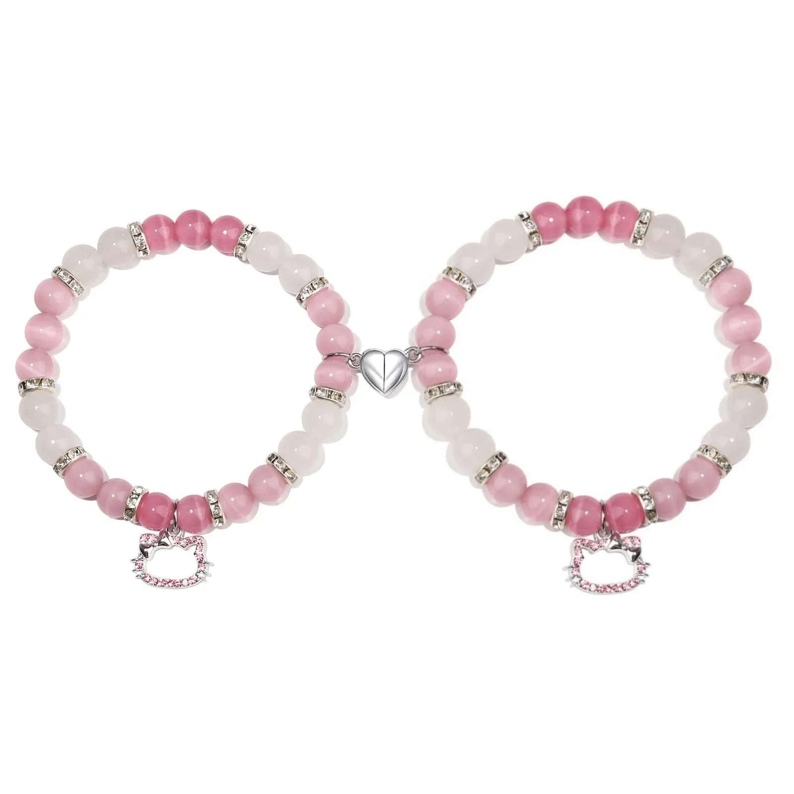 KMVEXO 2PCS Spider Cat Charm Beaded Bracelet For Best Friend Pink Cat Bat Heart Magnetic Bracelet Set Pink Beads Fireball Spacer