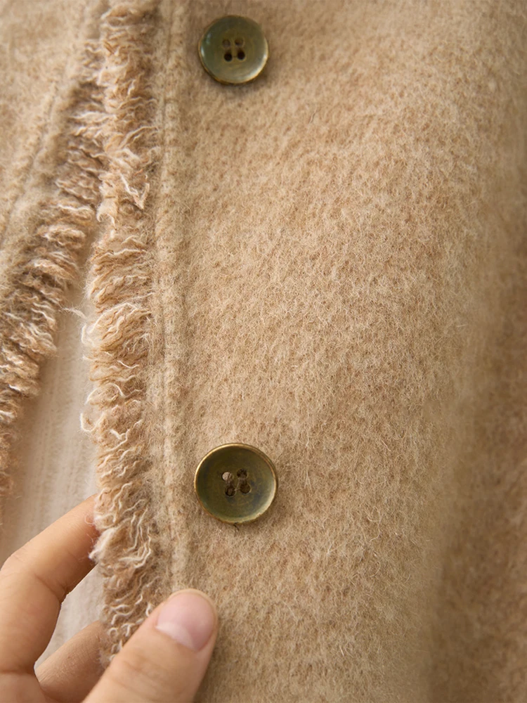 معطف صوف نسائي فضفاض مناسب مزدوج الوجه مع حافة خام وأكمام فانوس بيج بأزرار ملابس خارجية شتوية دافئة للأناقة غير الرسمية #6