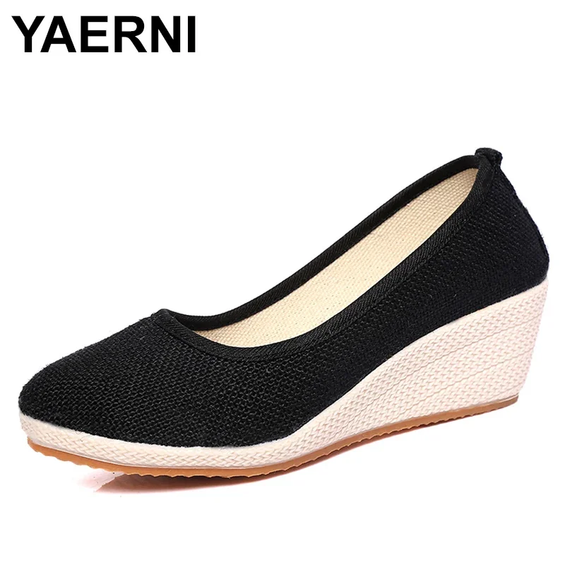 YAERNI Women Pure Color Vintage Hemp Wedge Pumps Round Toe Casual Lady Mid Heel Slip-on Walking Shoes Closed Toe Espadrilles