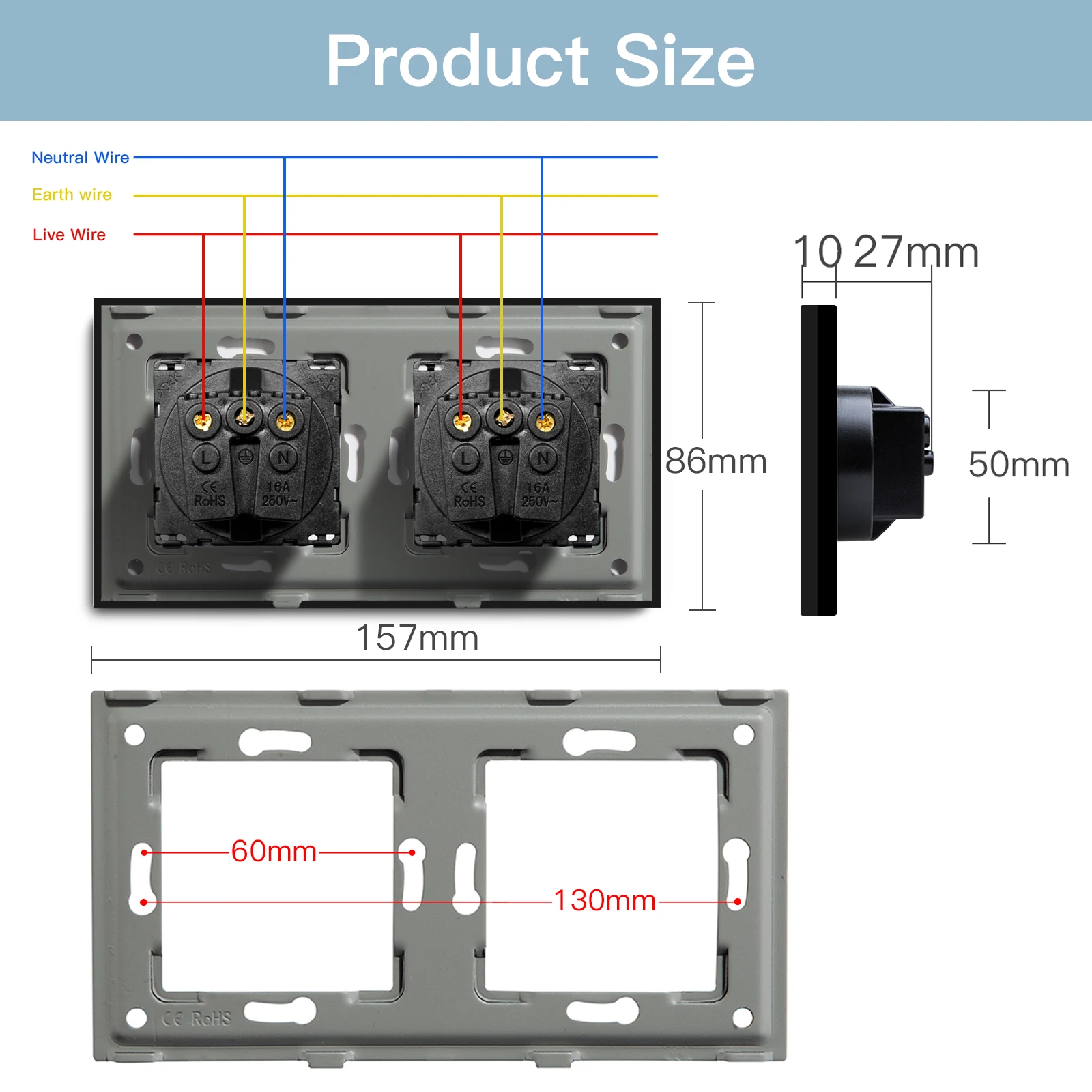 BSEED EU Standard Wall Sockets Single Power Outlets Double Frame Sockets Glass Panel Triple Plug Sockets Kids Protection 16A