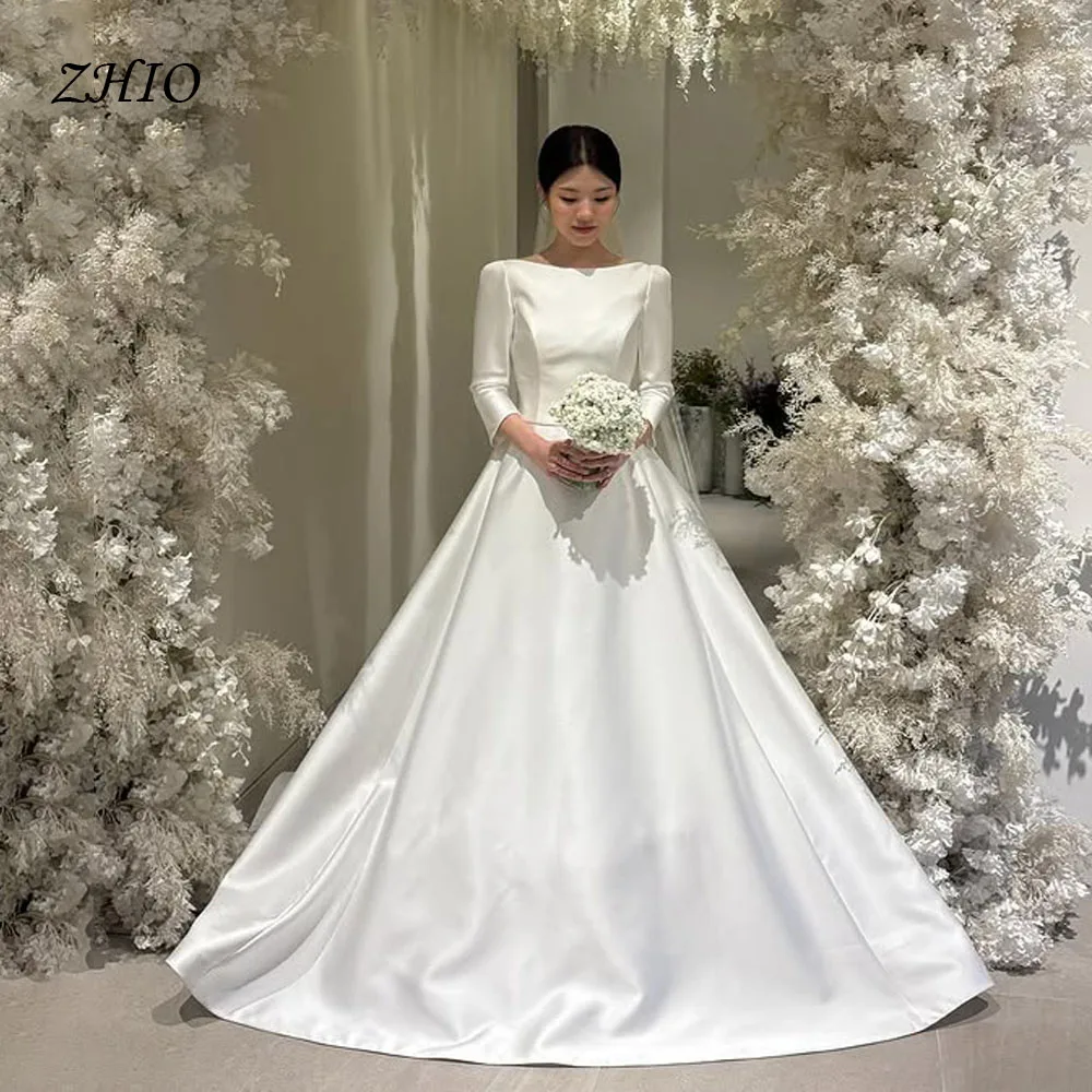 

ZHIO Modern Jewel A-line New Wedding Party Dress Silk Satin Korea Photo Shoot Backless Bridal Reception Gown Customized