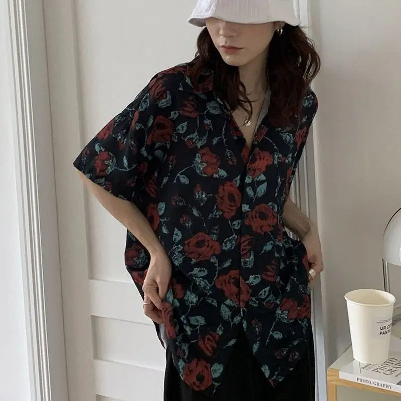 

Summer New Vintage Floral Loose Shirt Tops Polo Neck Short Sleeve Button Printing Beach Blouse Fashion Casual Women Clothing