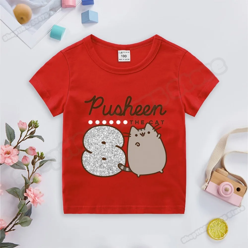 Pusheen Meisjes Cartoon Leuke T-shirt Kinderen Anime Kawaii Tee Kids Casual Katoenen Kleding Zomer Verjaardag Nummer Top Geschenken 2024