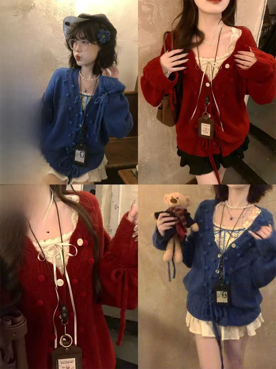 

ALITTLE My Blueberry Jam ay Series Bean V-ne Floral Inner Wear Overlap Sweater Soft College Sle Loose Fit Long Sve